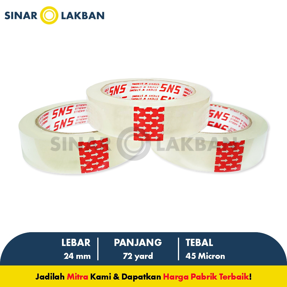 

Isolasi / Solatip Bening 24 Mm x 72 Yard x 45 Mic Sticky N Strong (SNS) SINAR LAKBAN