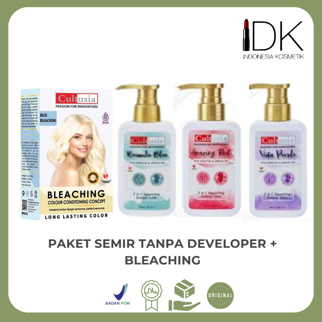 Cultusia Paket Semir Rambut Tanpa Developer (3 In 1 Depositing Instant Color) 150ml & Bleaching 30ml