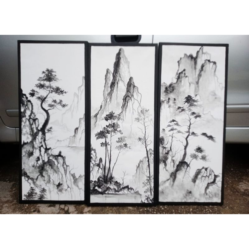 REDY LUKISAN MONOCROME CINA HITAM PUTIH AESTHETIC HIASAN DINDING