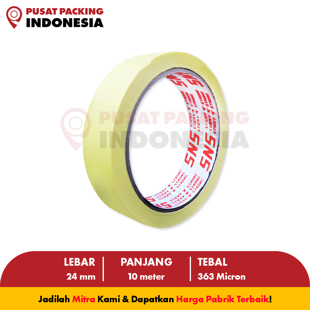 

Lakban Kertas / Masking Tape 10 Meter x 24 Mm (1 Inch) Sticky N Strong (SNS) PUSAT PACKING INDONESIA