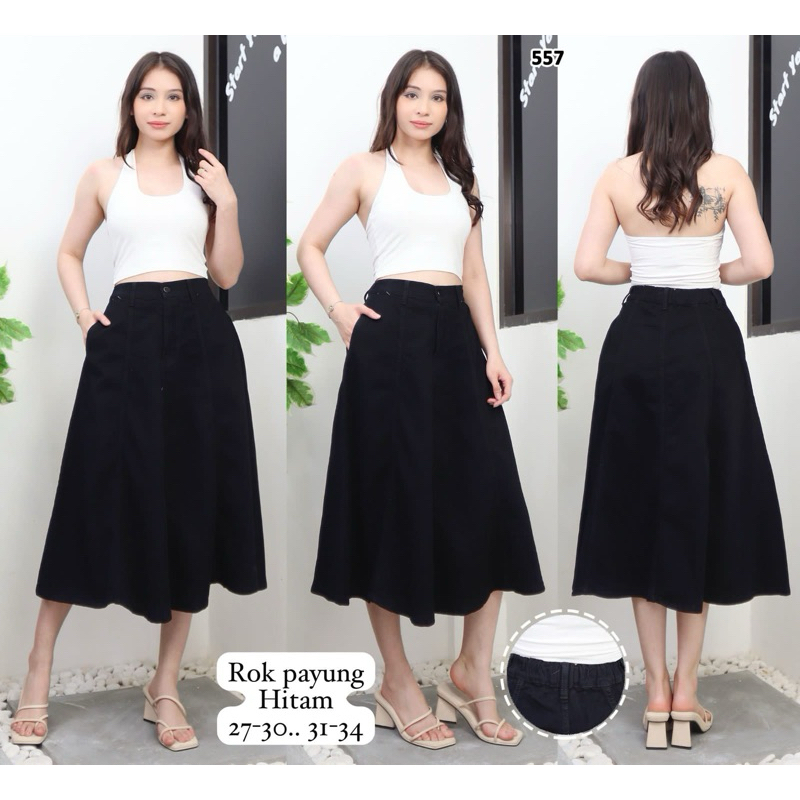 Rok payung hitam bahan jeans uk 27-34