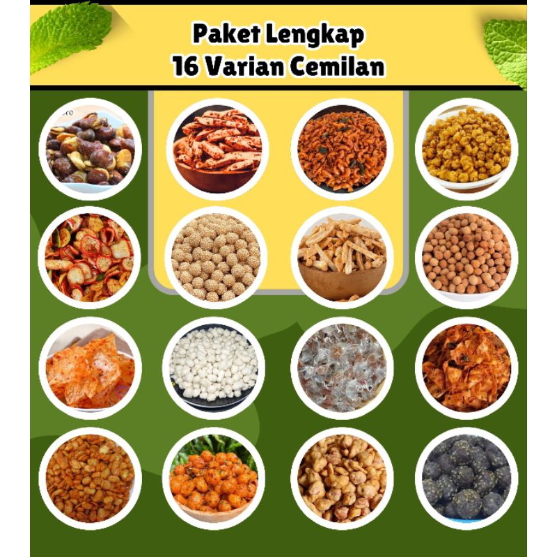 

CEMILAN Paket Lengkap 16 varian Cemilan Serba 5rb - Cemilan Varian Rasa Pedas, Manis, Gurih, Asin & Pastinya Renyah - Cemil Nuhu - Aneka Cemilan - By Nurul Huda - Halal