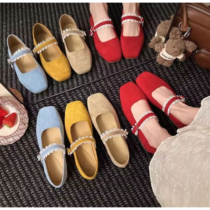Flat Shoes Wanita Mary Jane Tali Renda Lucu – Sepatu Casual Cewek Model Korea