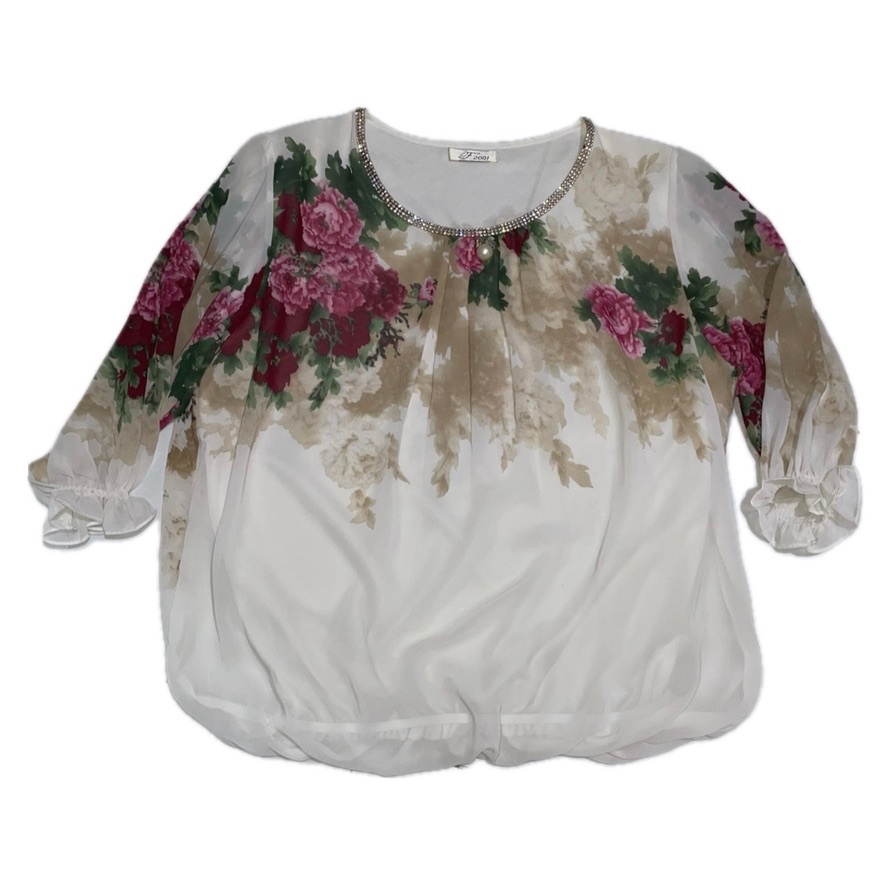 Preloved Top Atasan F 2001 Blouse Blus Motif Bunga Putih Wanita Leher Mutiara Vintage
