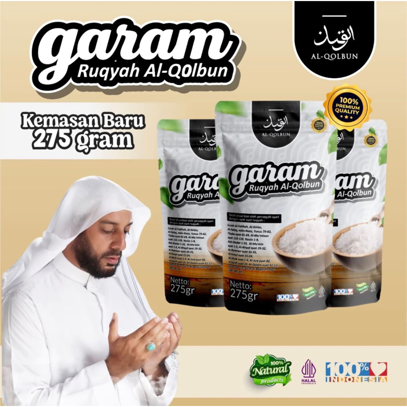 

Garam Ruqyah Al-Qolbun 275gram Syekh Ali Jaber Dapat 3, Bonus parfum katsuri, air zam zam,Sabun Bidara & Tasbih