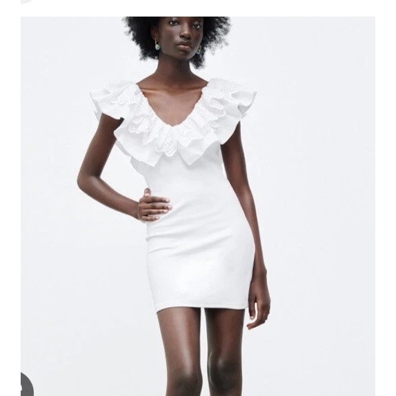ZARA WHITE EYELET RUFFLES RIBBED MINI DRESS