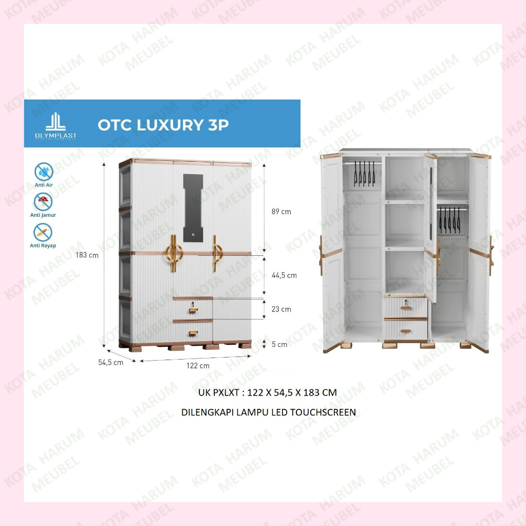 lemari baju pakaian plastik 3 pintu pakai kaca cermin pakai lampu led touchscreen olimplas olimplast
