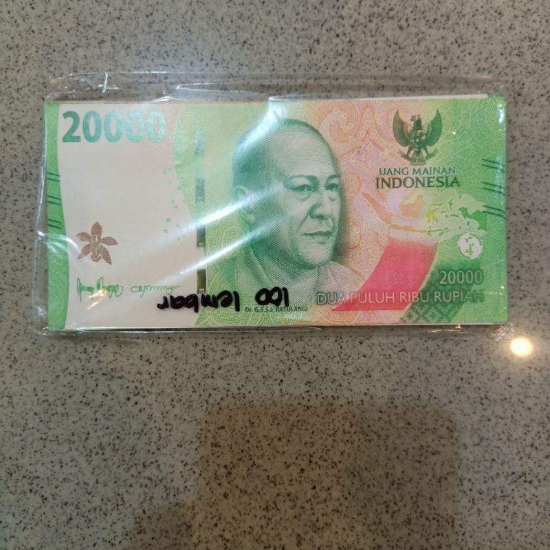 Uang kertas mainan kasir 20.000 seribu rupiah versi baru
