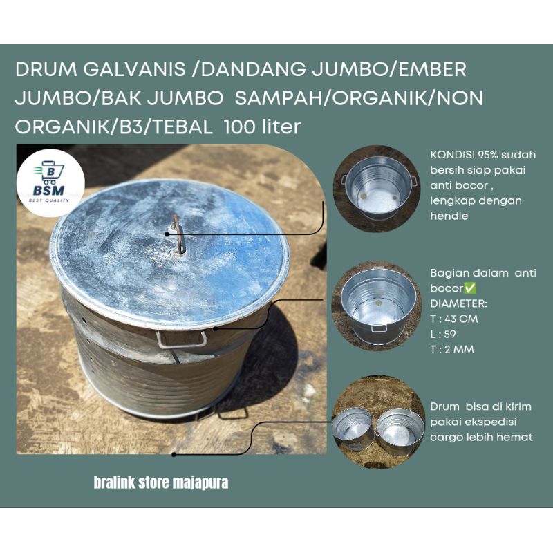 Drum galvanis/dandang jumbo/godogan/tempat sampah bakar/B3/organik/non organik kapasitas 100 liter l