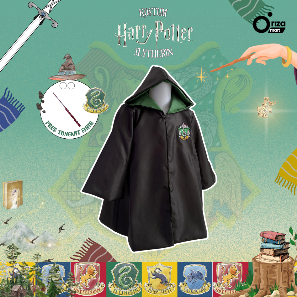 Kostum Jubah Harry Potter/ Sekolah Penyihir Slytherin/ Gratis Tongkat Sihir