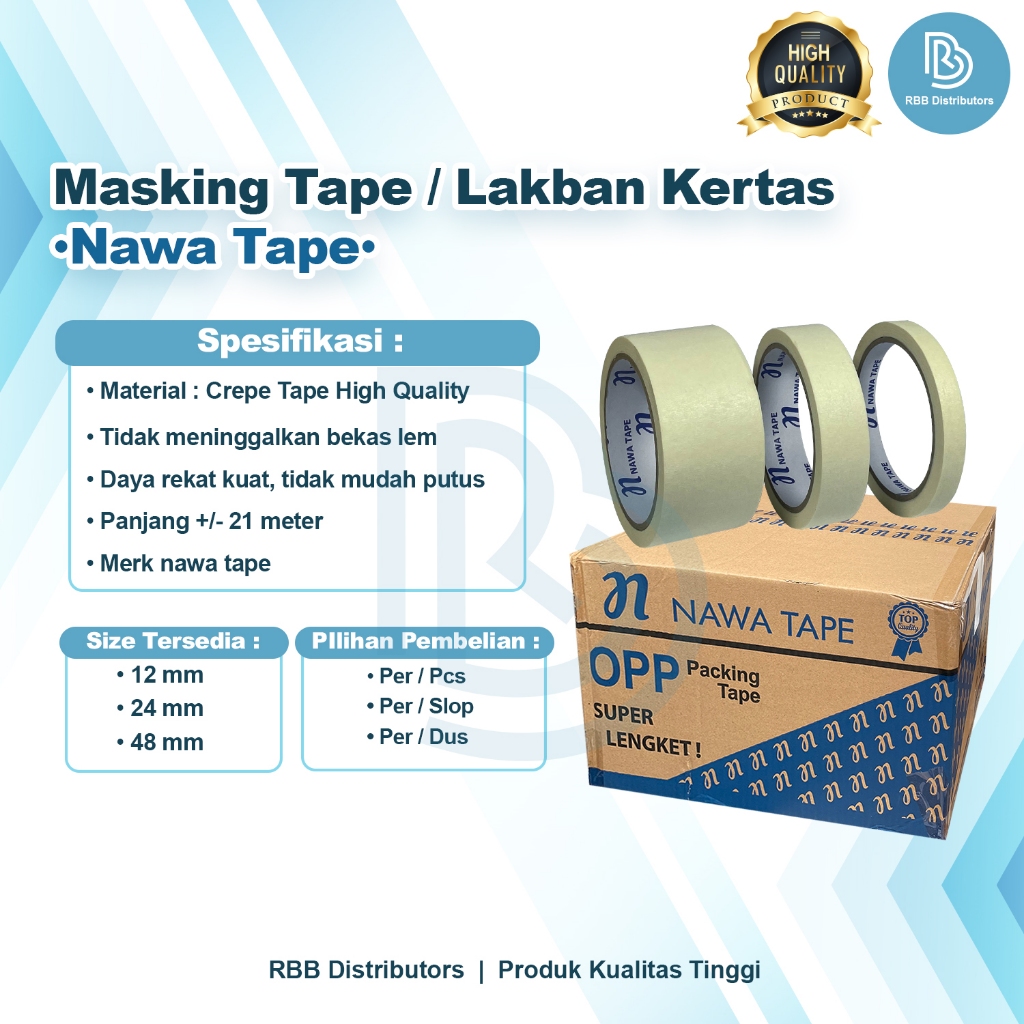 

Lakban Kertas / Masking Tape Nawa 12mm 24mm 48mm panjang 21meter 1 Dus