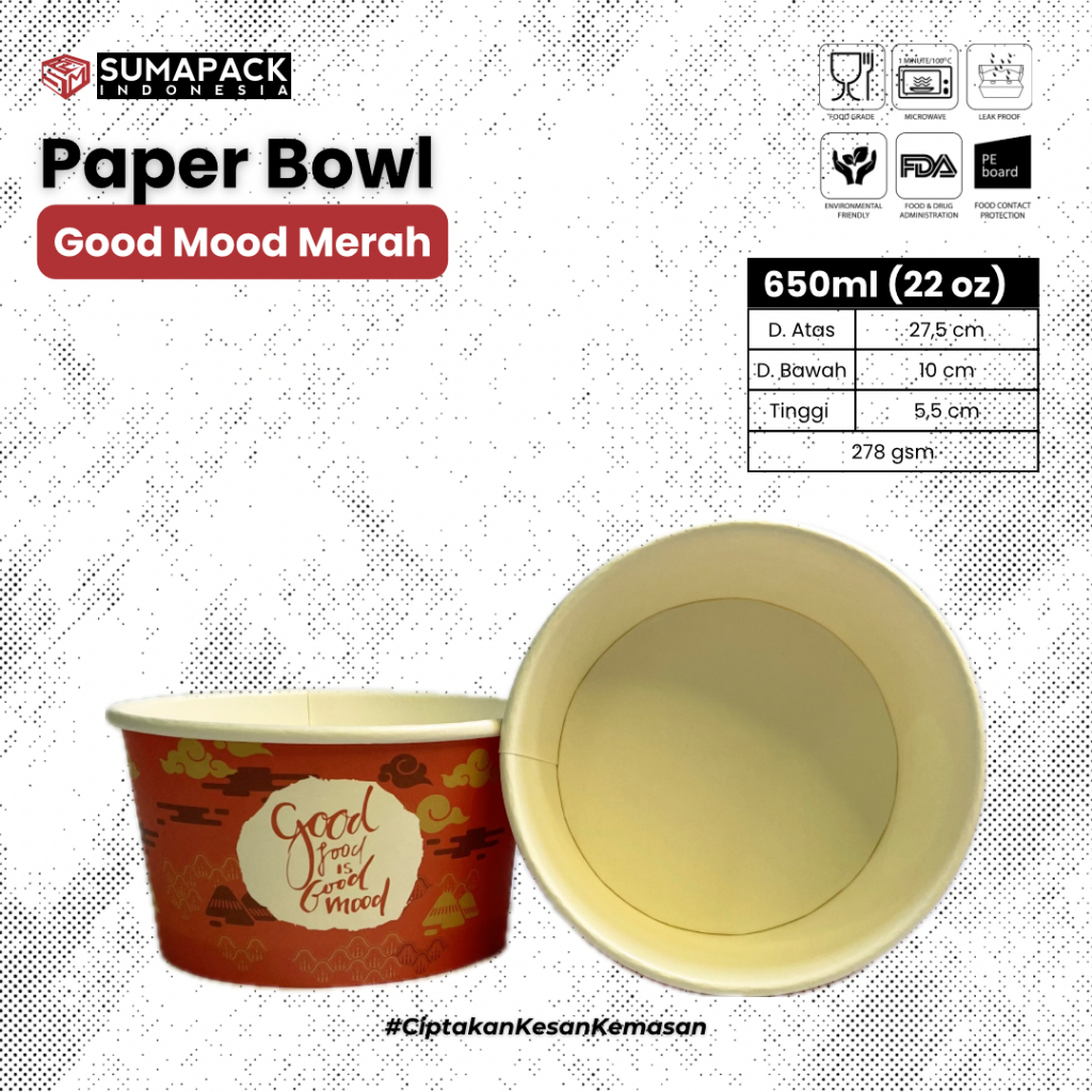 PAPER BOWL 650ML RICE BOWL DESAIN MOTIF GOOD MOOD MERAH