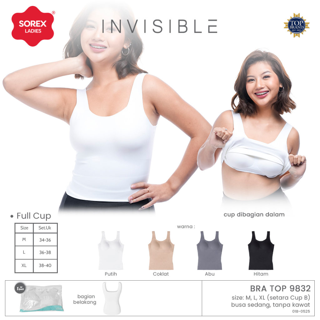 Sorex Bra Top Seamless Tanpa Kawat Busa Sedang Cup B Tanktop Invisible Anti Jiplak BH 9832