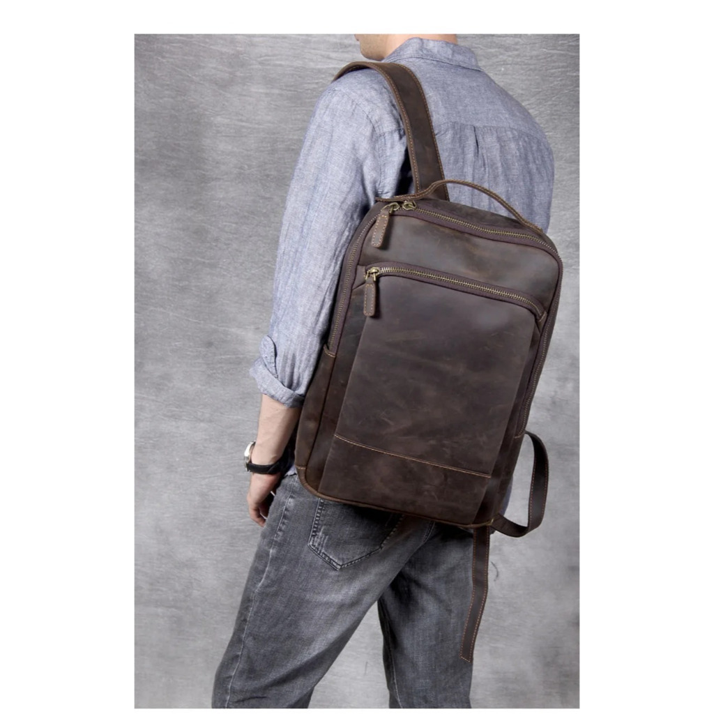 Ransel Kulit Asli Crazy Horse Antik Ransel Pria Ransel Laptop Kulit