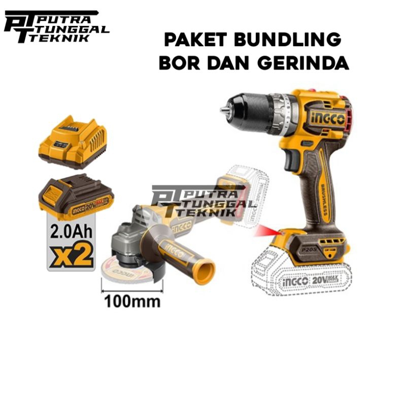 Bundling Produk Bor brushless 13mm dan Gerinda Brushless 2 batre 1 fast charger INGCO