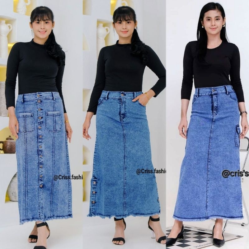 Alea skirt span Rok Panjang premium Jeans Stretch tebal | skirt span cargo polos jeans melar | rok j