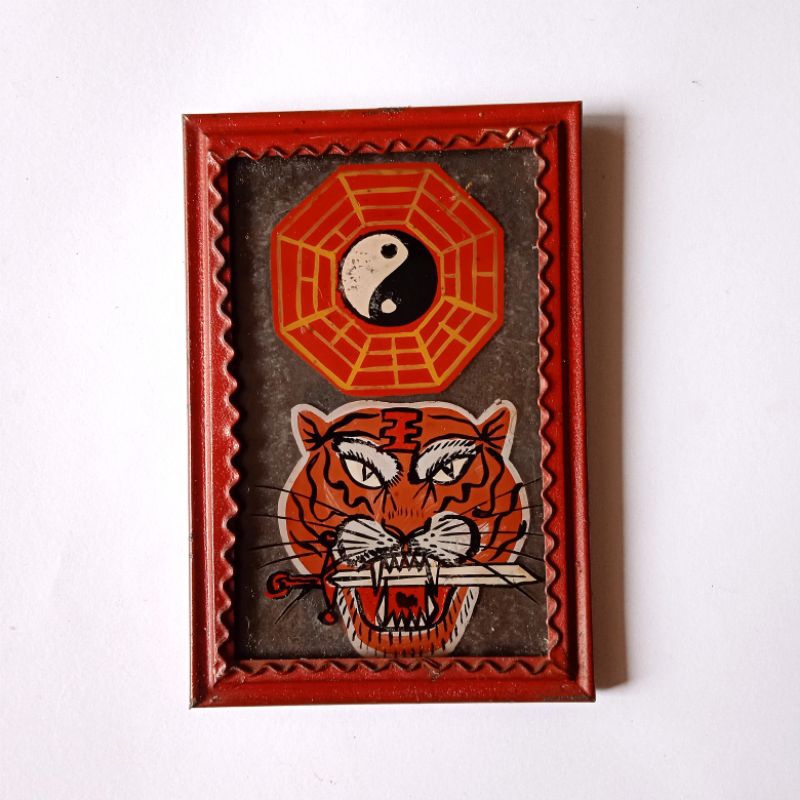 Antik Ornamen Dinding Cina Kaca Lukis Frame Logam Lama Utuh Tua