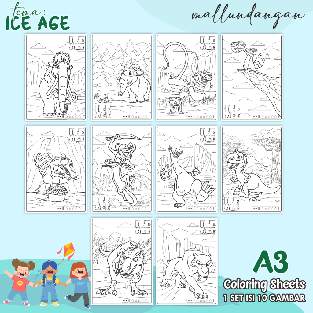 

LEMBARAN MEWARNAI ANAK A3 - TEMA ICE AGE - PAPER COLORING SHEETS FOR KIDS