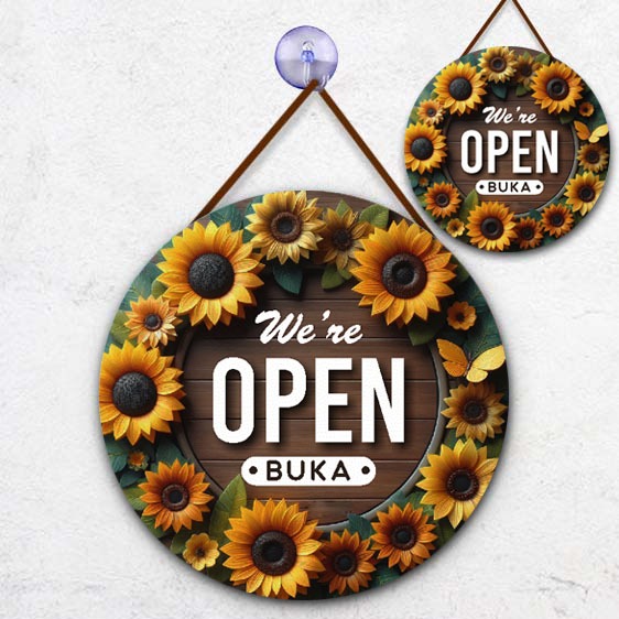 

Open Closed Signboard bahan mdf, motif bunga matahari tulisan putih