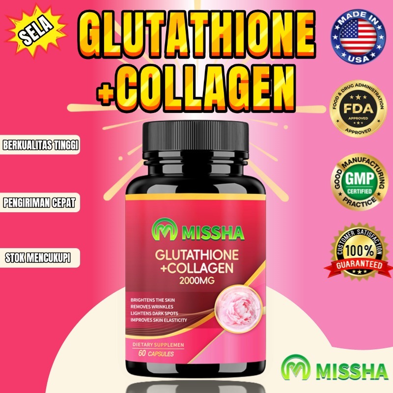 Missha Glutathione + kolagen Kapsul, Memutihkan bintik-bintik, bahkan warna kulit, 60 Kapsul