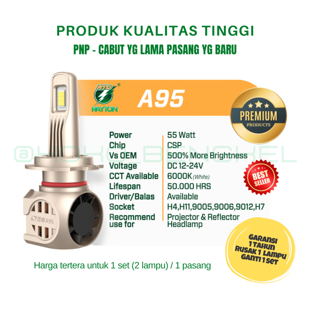 Bohlam Lampu Utama dan Foglamp LED H4, H11. HB3, HB4, H7, HIR2 A95 110 Watt RTD Rayton Avanza Innova