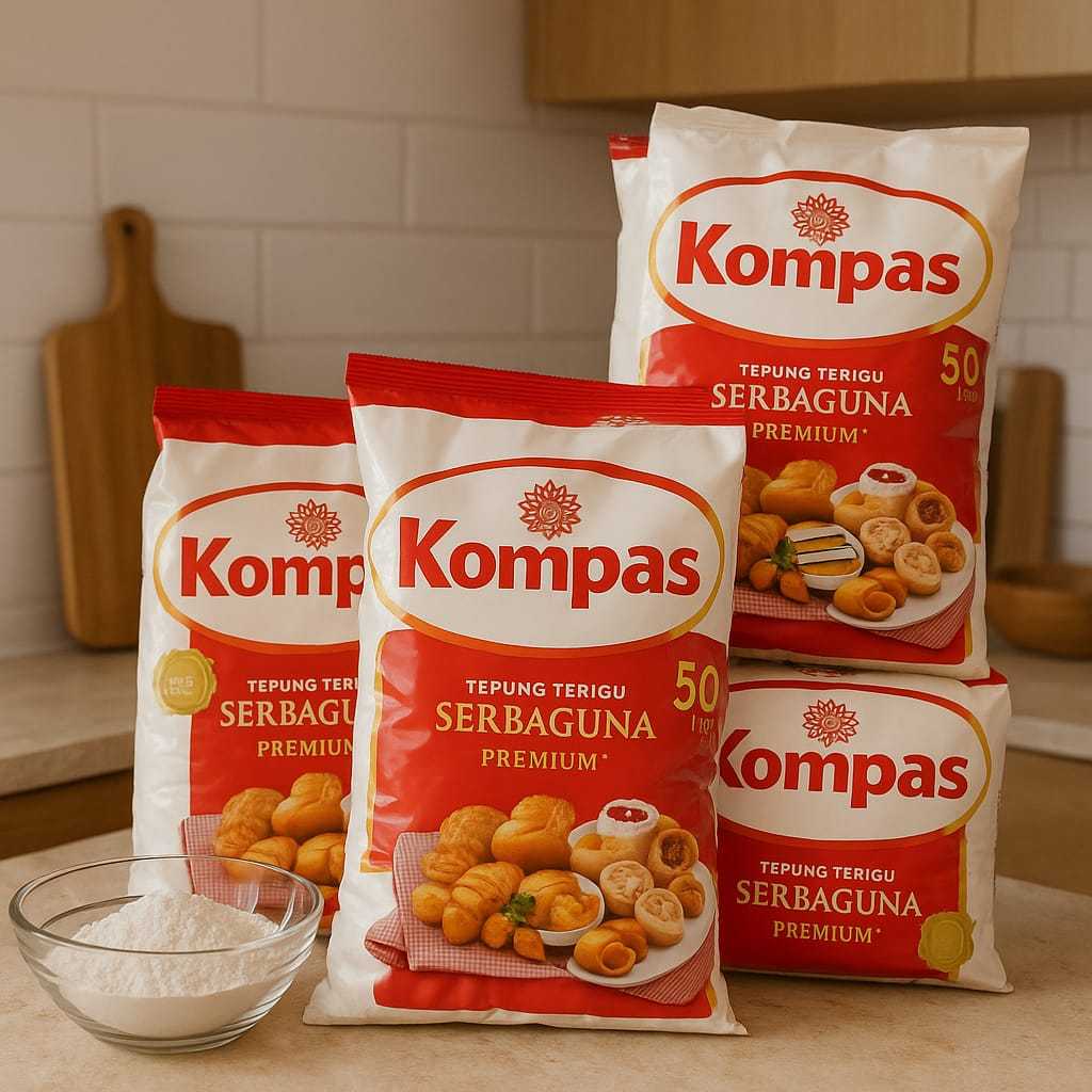 

Tepung Terigu serbaguna cap Kompas 1000gr untuk bahan pembuat makanan kue-kue dan lain lain