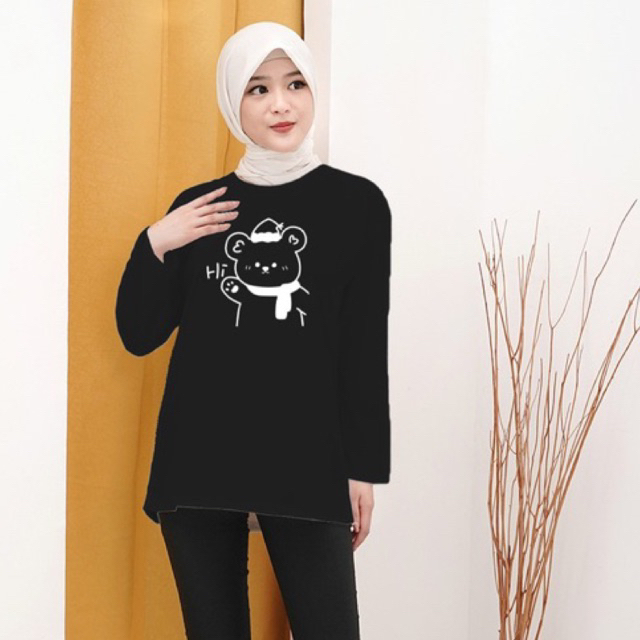 Bisa Cod kaos distro lengan panjang motif hi bear putih/ kaos wanita kekinian lengan panjang/ kaos d