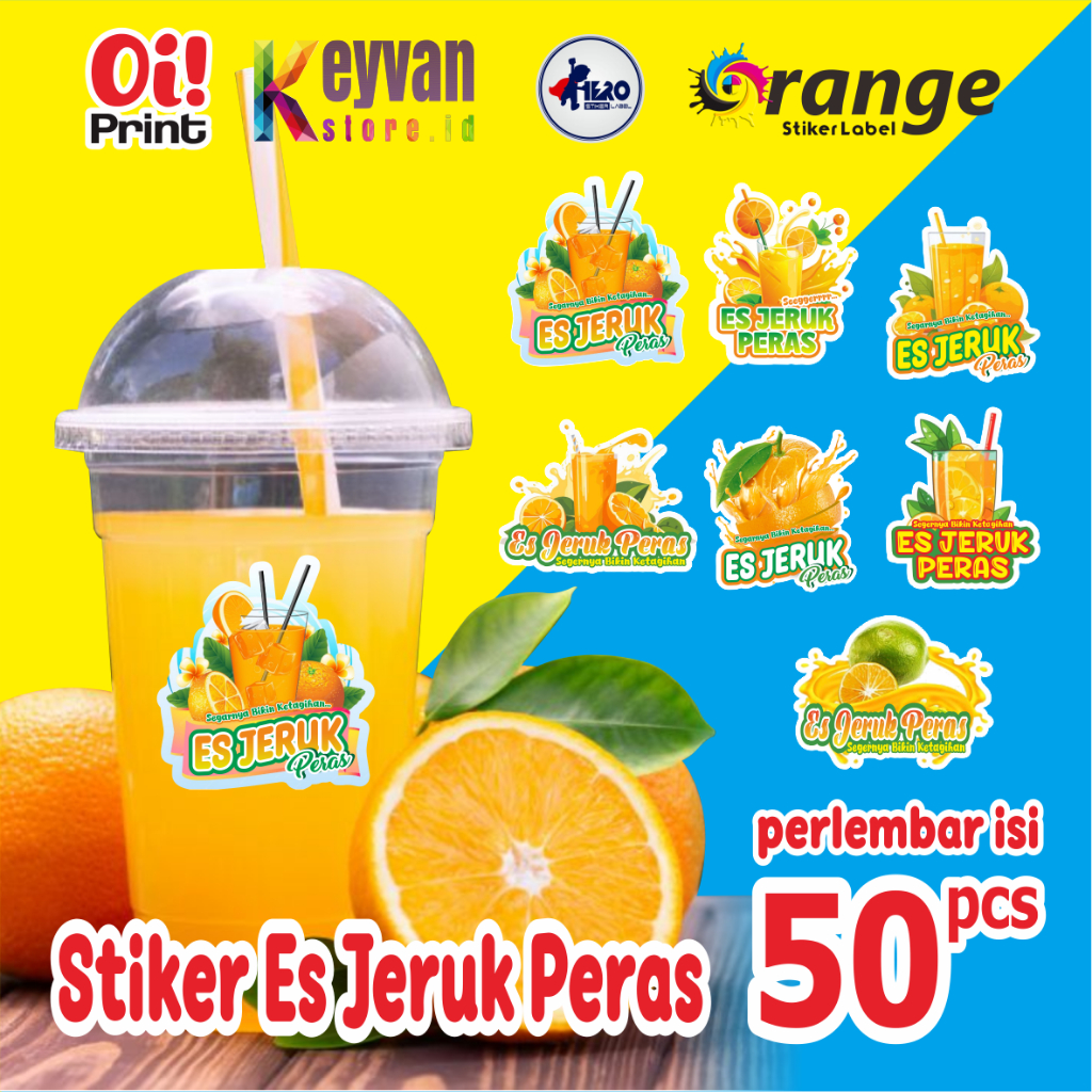 STIKER LABEL CUP ES JERUK PERAS, STIKER MINUMAN, STIKER VINYL ISI 50 PCS READY STOCK 7 DESIGN BERBED