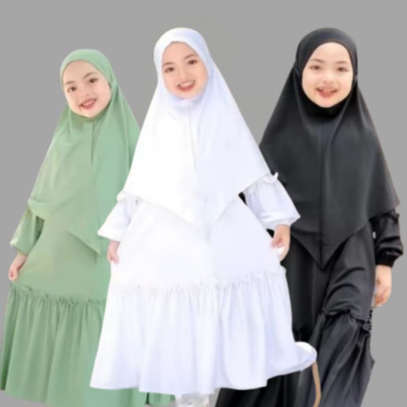Yumna Dress Gamis Anak Perempuan Set Hijab – Bahan Lembut, Nyaman Dipakai Anak