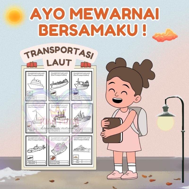 

01 Transportasi Laut - Kertas Mewarnai Anak Motif Gambar Alat Transportasi Laut Untuk Usia PAUD TK SD 10 Lembar Kertas A5 Ada Contoh Gambar Warna Berwarna