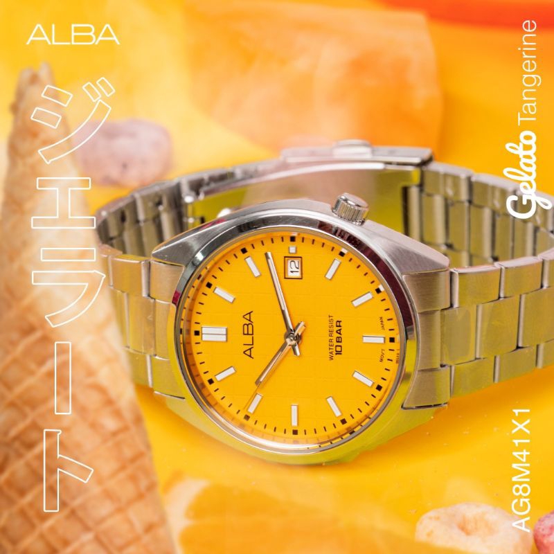 Jam Tangan Wanita Alba AG8M41X1 ag8m41 Yellow Patterned Dial Original