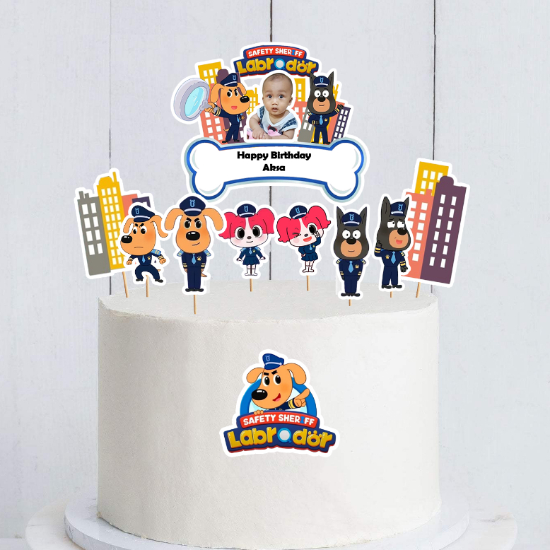 Topper Cake Polisi Labrador Custom Foto & Nama untuk Hiasan Kue Cupcake Ulang Tahun Anak Karakter