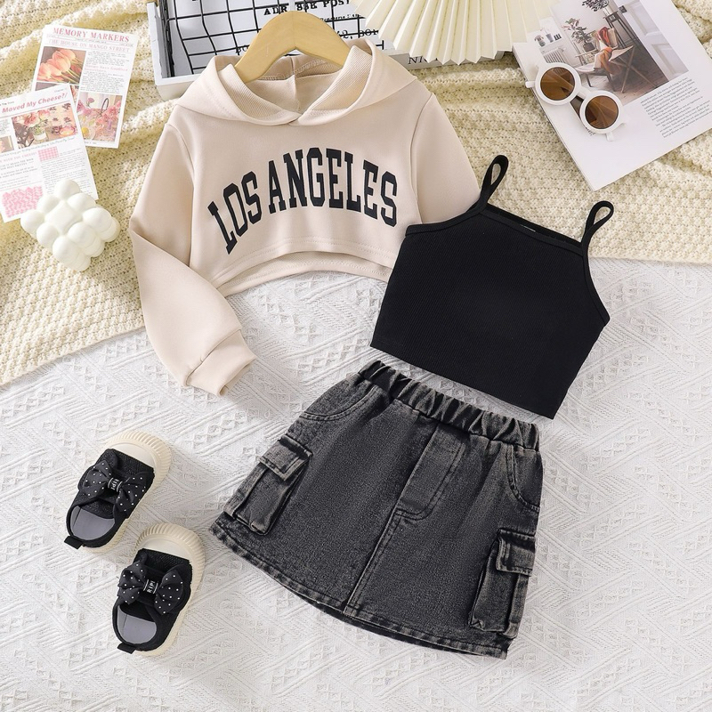 (2-7 Tahun) Setelan Baju Rok Anak Perempuan Import | LA Set Set Sweater Tanktop Rok Jeans Cargo Anak