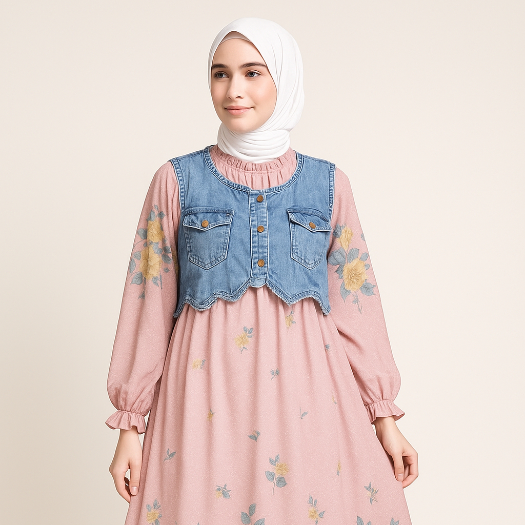 Gamis Muslimah Motif Bunga Elegan dengan Rompi Jeans – Gamis Syari Modern Terbaru