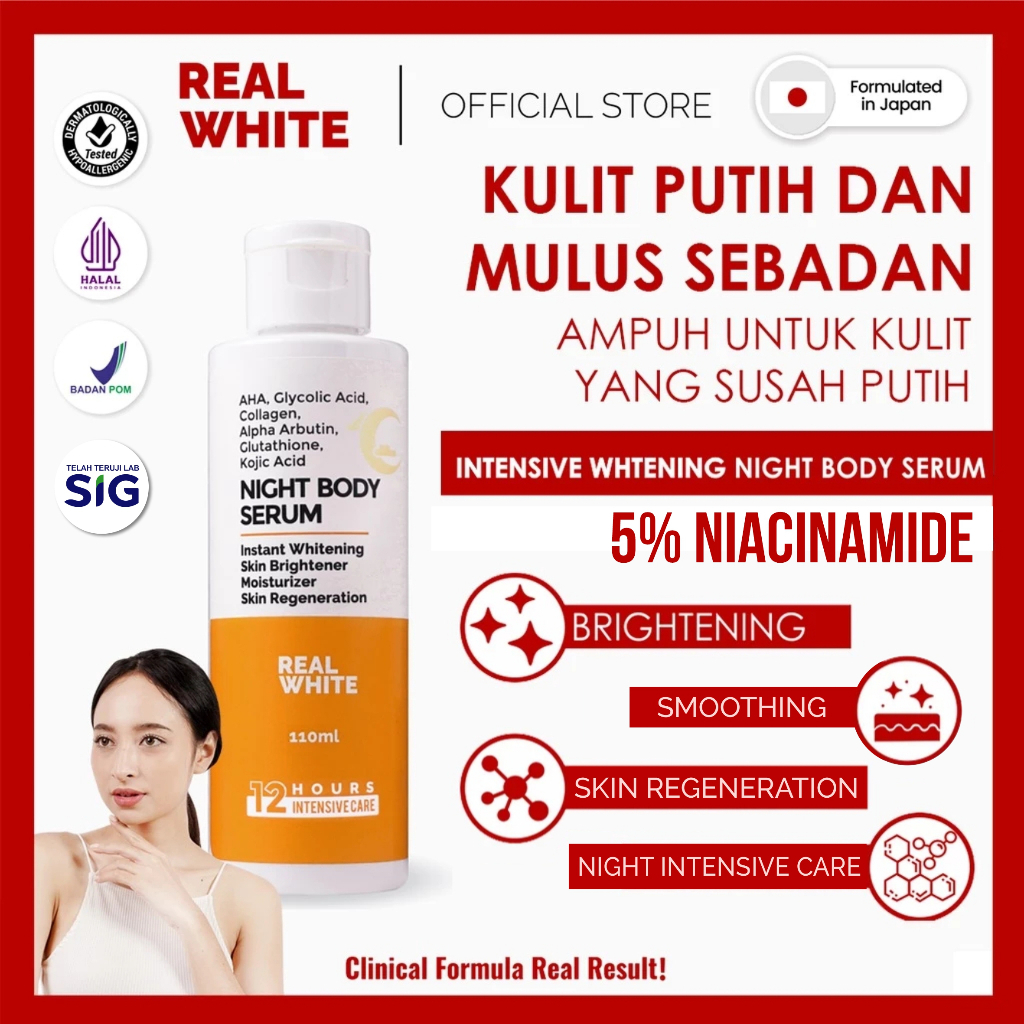 𝐑𝐄𝐀𝐋 𝐖𝐇𝐈𝐓𝐄 Lotion Pemutih Malam Night Intensive Whitening Body Serum Alpha Arbutin Glutathione AHA K