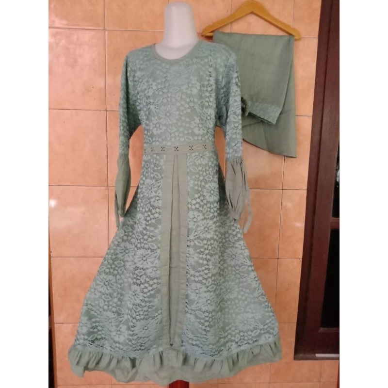 Set Gamis Brokat Anak 8-10 Tahun + Jilbab | Busana Muslim Anak Perempuan