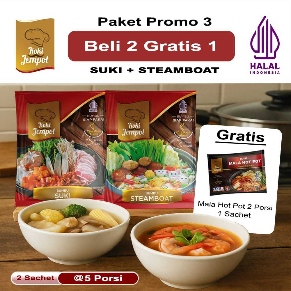 

Buy 2 get 1 Bumbu Suki dan Steamboat Gratis Mala Hotpot 2 Porsi Halal Tanpa Pengawet Koki Jempol