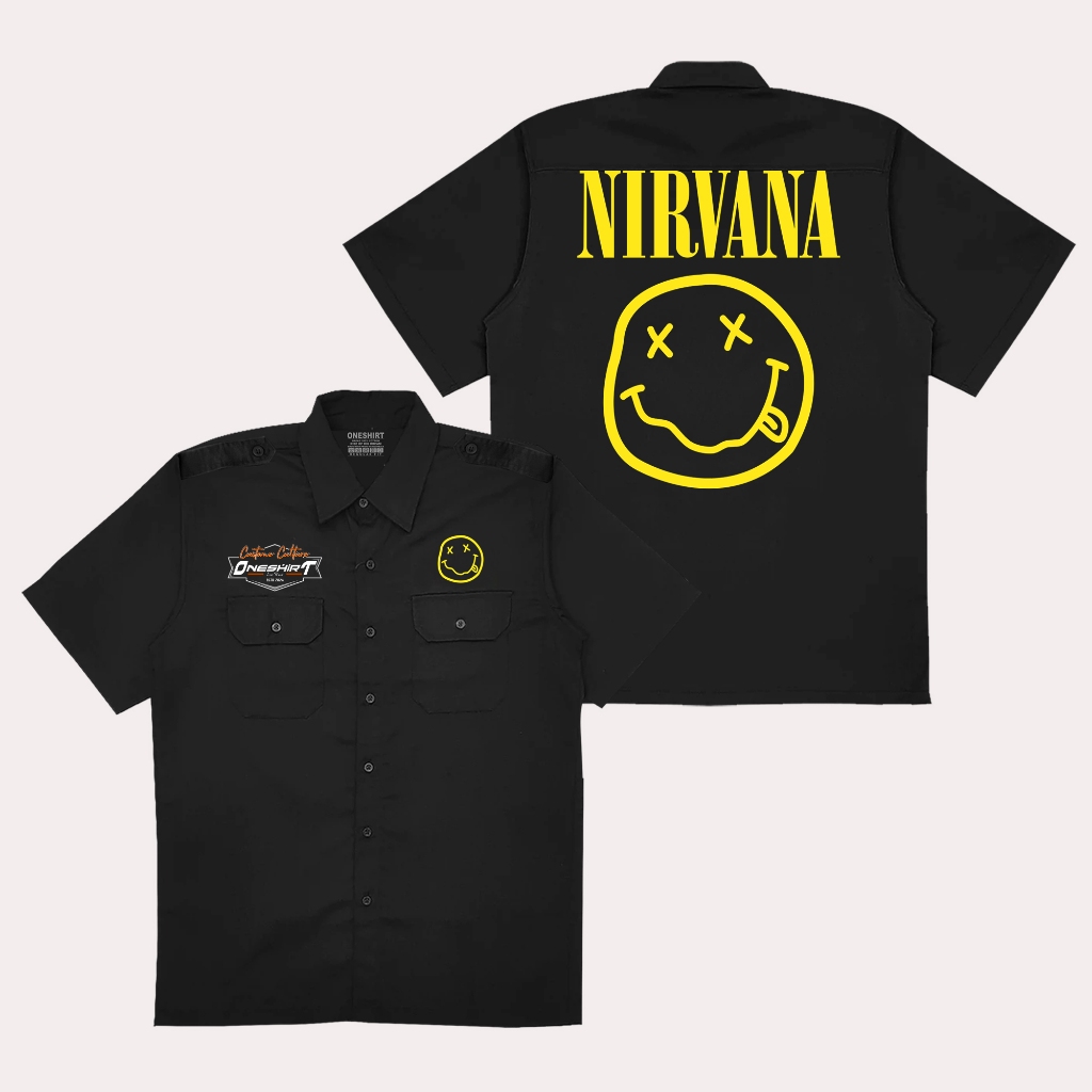 Oneshirt Kemeja Workshirt Nirvana Smile Baju Pdh Hitam Music