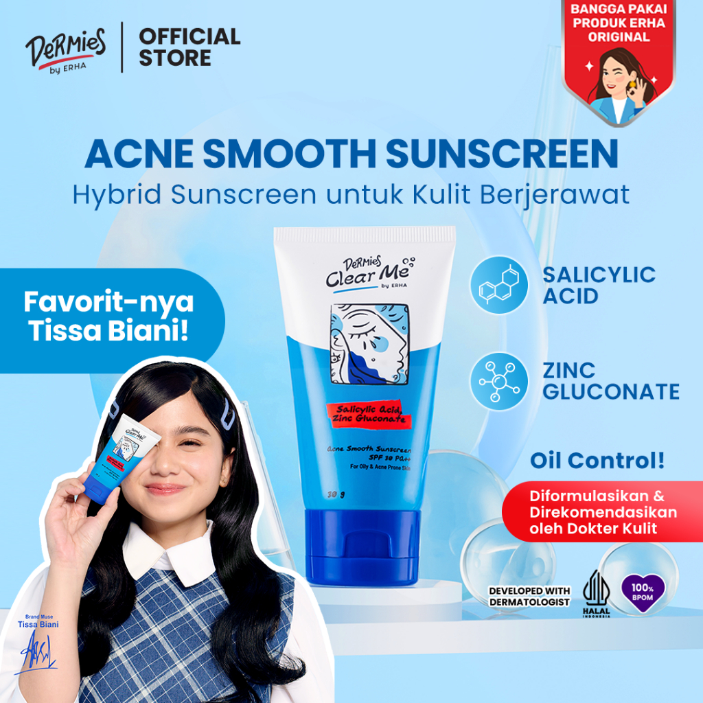 DERMIES Clear Me Acne Smooth Sunscreen SPF 30 PA++ 30g - Sunscreen Wajah Berjerawat