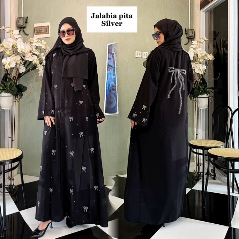 Abaya Hitam Pita Silver Gamis Wanita Terbaru Abaya Remaja Jalabia Semi Outer
