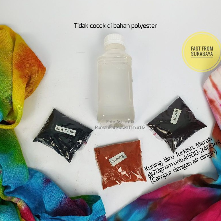 

KODE P37Y PAKET PEWARNA TIE DYE 3 REMASOL 2 Gram Air Suhu Dingin ikat celup shibori jumputan