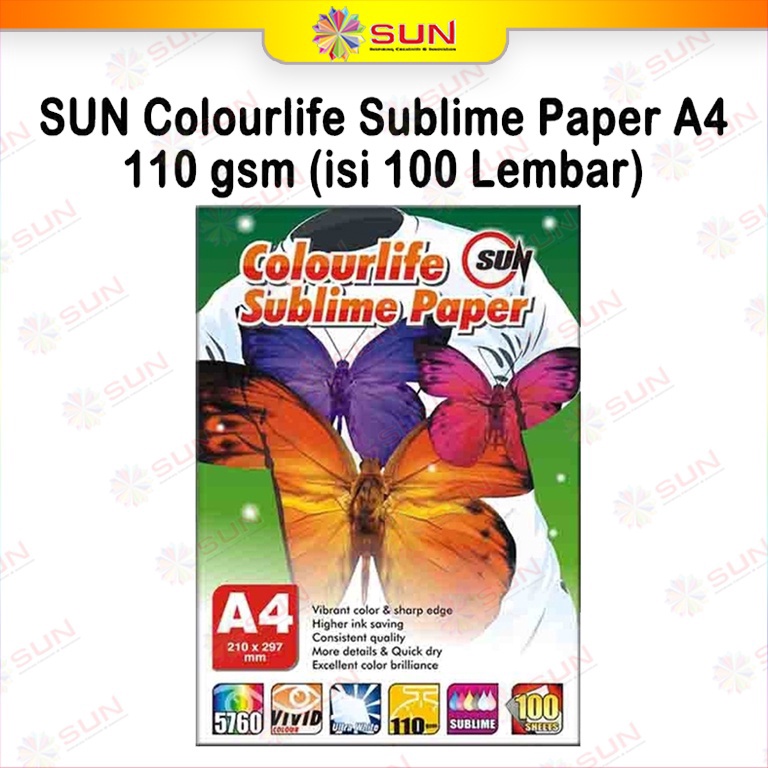 

Kertas Sablon Sublim Transfer Paper A4 F4A3 11 Gram SUN Sublime Max Colourlife Sublime Paper A4 isi 1 Lembar untuk mesin press mug mesin press kaos keramik piring topi plat alumium puzzle bantal KODE X6N7