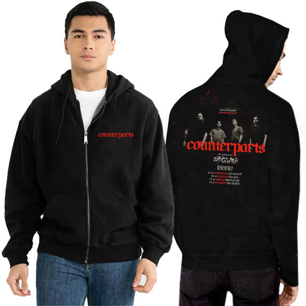 Zipper Hoodie Counterparts Tour Hoodie Ritsleting Unisex Bahan Black Cotton Fleece | Size M L XL XXL