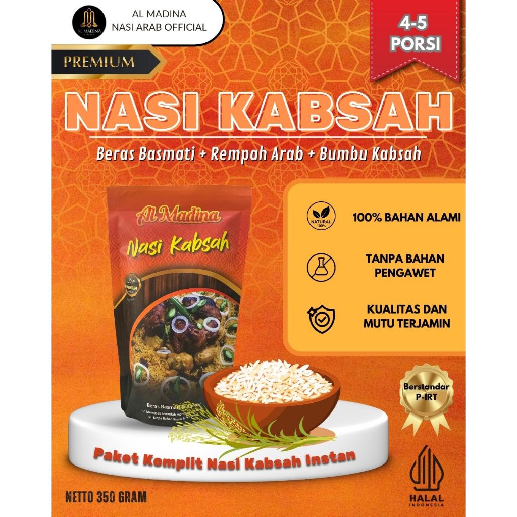 

Al-Madina Nasi Kabsah Basmati komplit instan kemasan 350 Gram Citarasa Berkualitas Khas Timur Tengah