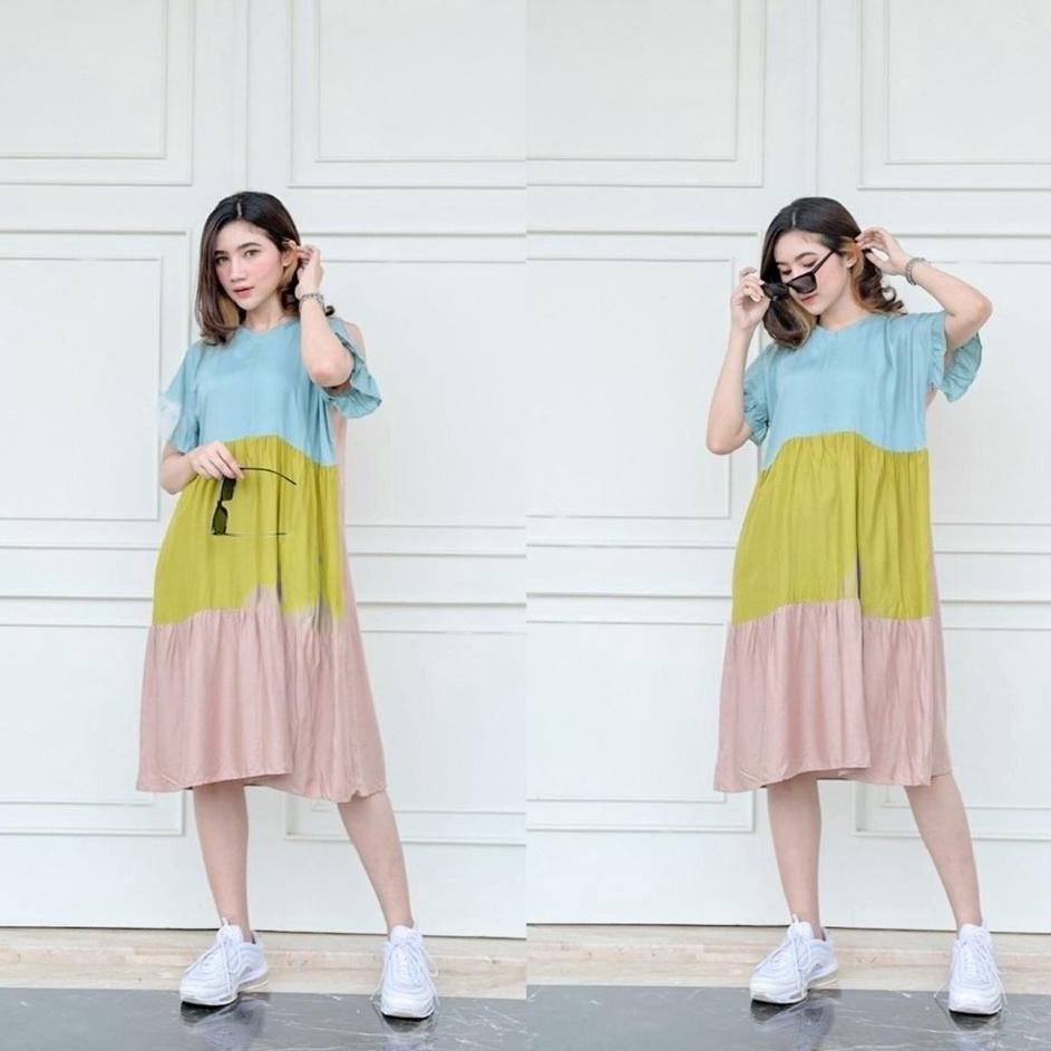 Ice Cream daster dress wanita polos model anak remaja terbaru selutut kombinasi warna aksen tangan r
