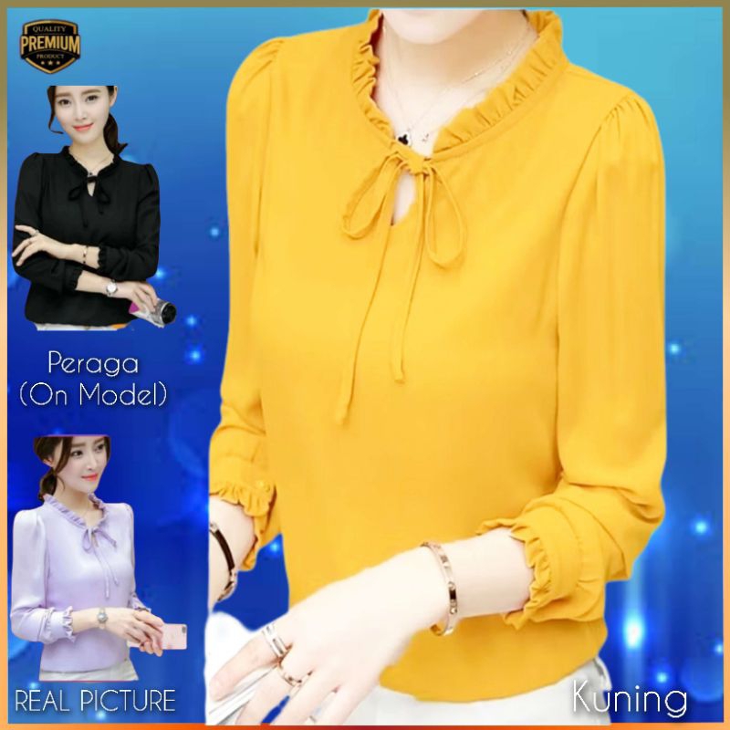 Atasan wanita TM 7634 baju Kemeja blouse Blossom Elegan Korea Kuning
