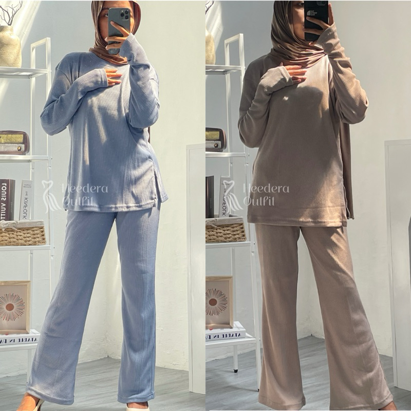 Cozy Waffle Set – Top oversize + Celana Cutbray - One Set Celana Wanita - One Set Waffle Knit