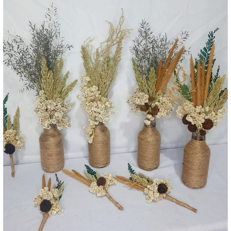 4 set bunga kering dan vas/ bunga kering murah/ vas mini/vas kaca/ bunga hiasan meja/dreid flower/de