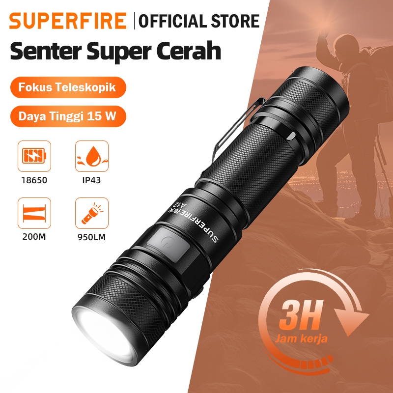 SUPERFIRE A12 Lampu Sorot LED Zoom Baterai 18650 Aluminium Paduan Tahan Lasak Listrik Liar Tahan Air