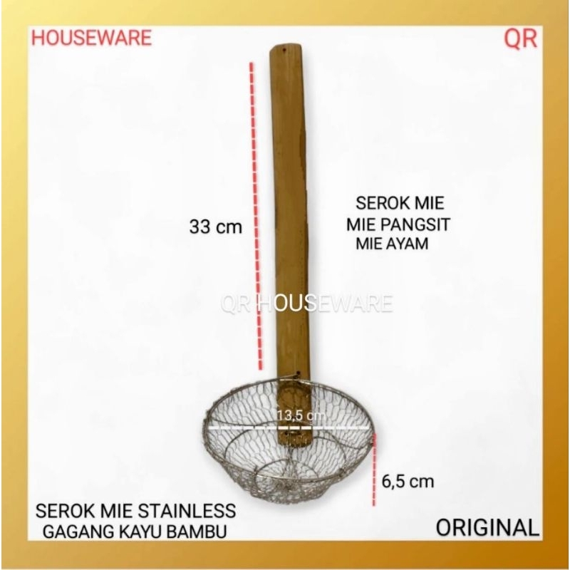 Serok Mie Stainless Steel Gagang Kayu Bambu | Saringan Mie Ayam Pangsit Bakso